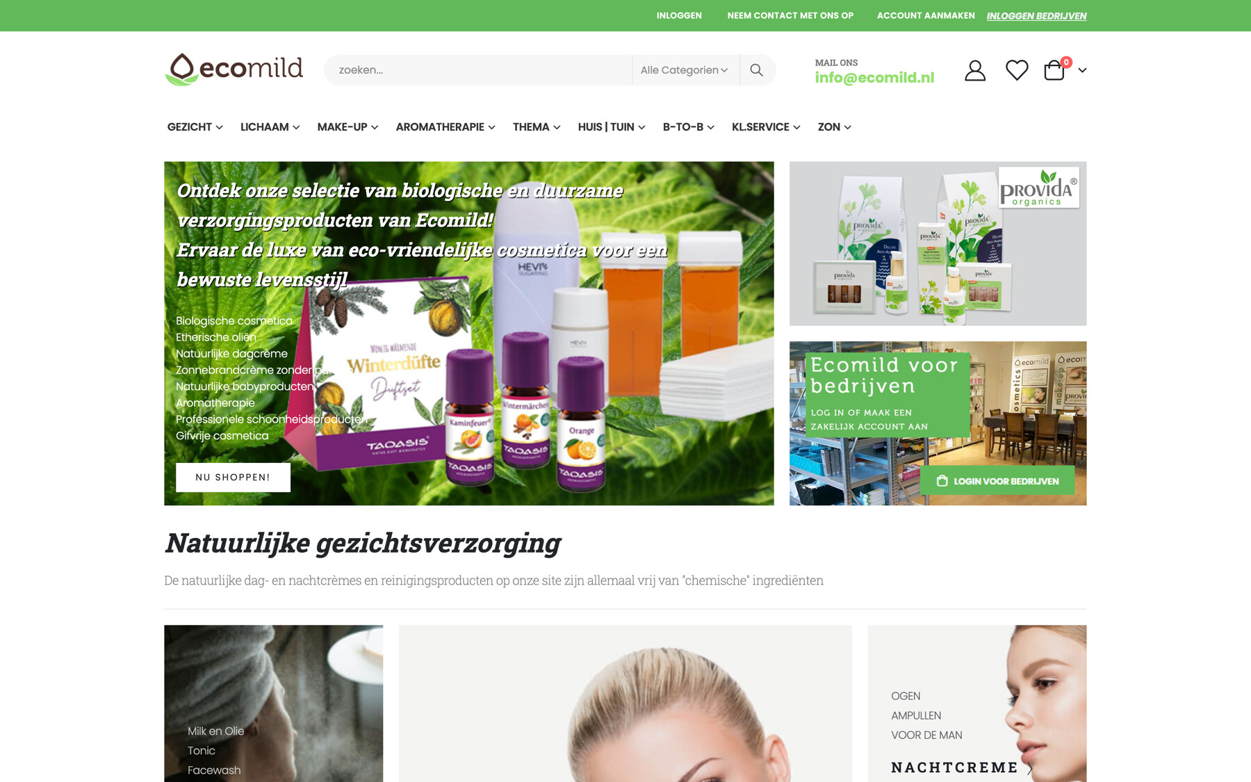 De oude webshop van Ecomild met een groene balk, cursieve koppen, een productcollage als banner en B-TO-B in het menu
