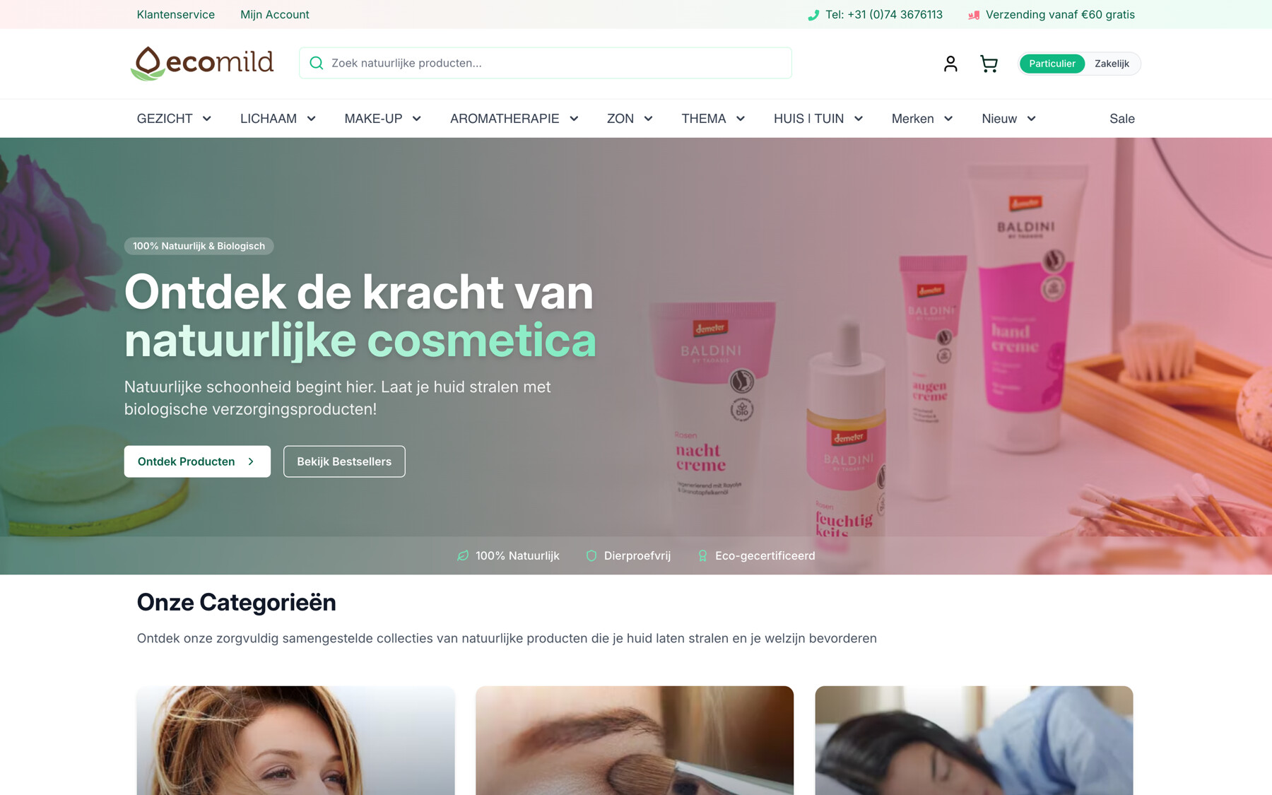 De nieuwe consumentenwebshop van Ecomild met een groene hero, een zoekveld en een schakelaar tussen particulier en zakelijk