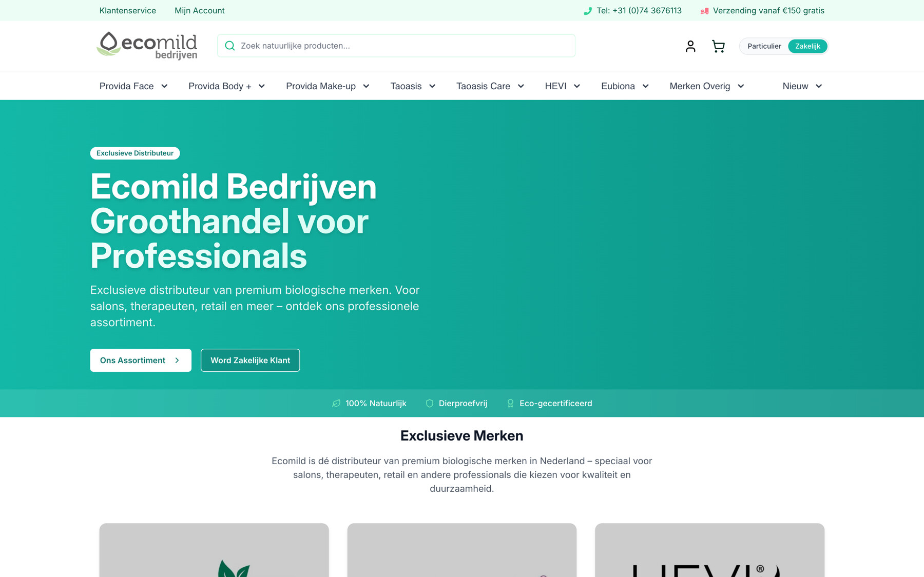 De zakelijke webshop Ecomild Bedrijven met een teal hero, de tekst Groothandel voor Professionals en een navigatie op merknaam