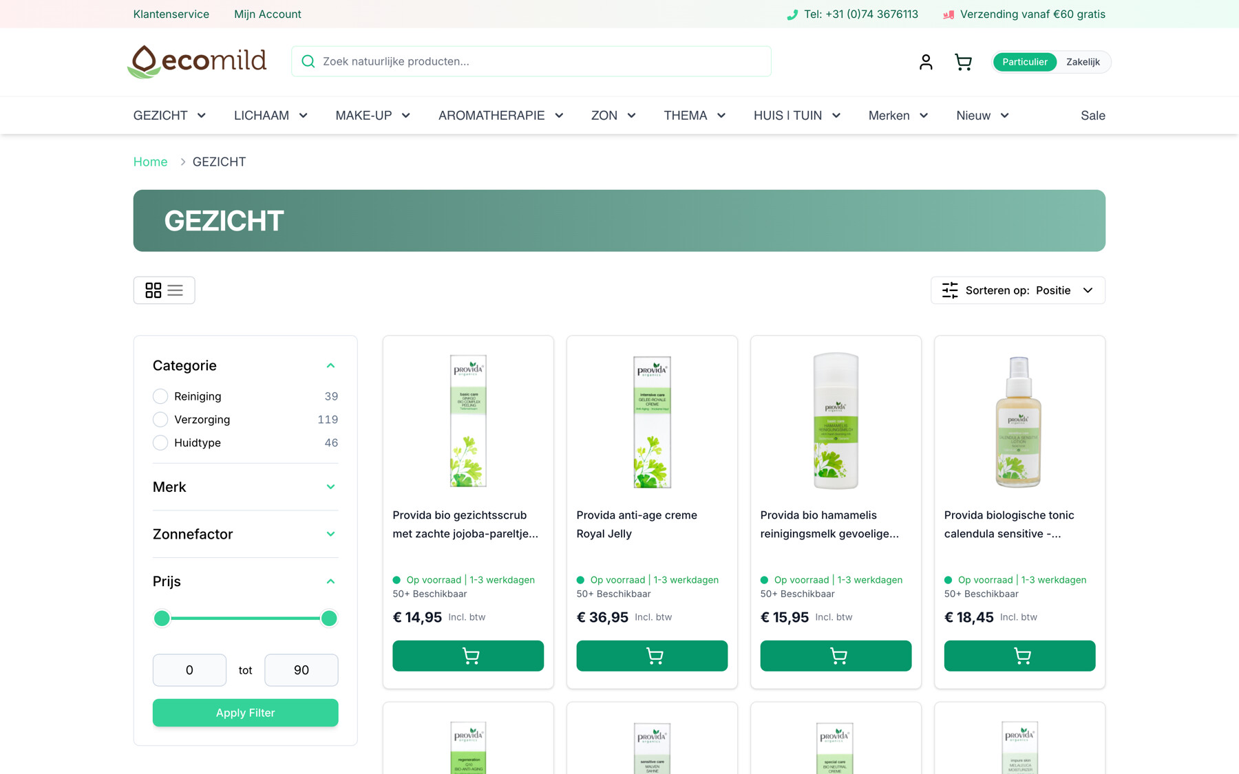 Een categoriepagina met filters op categorie, merk, zonnefactor en prijs, en productkaarten met voorraadstatus en prijs