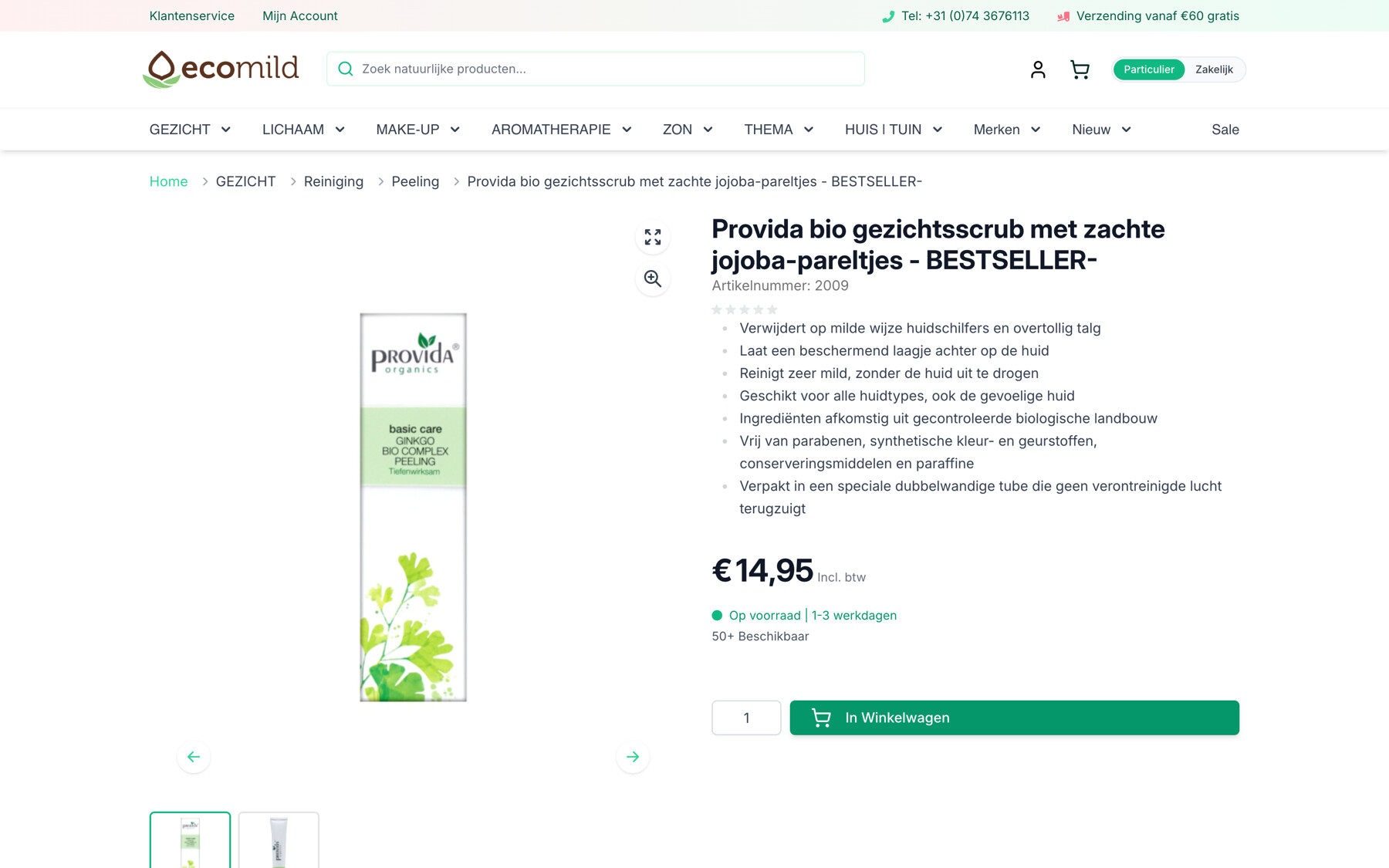 Een productpagina met een biologische gezichtsscrub, prijs, voorraadstatus en een knop In Winkelwagen