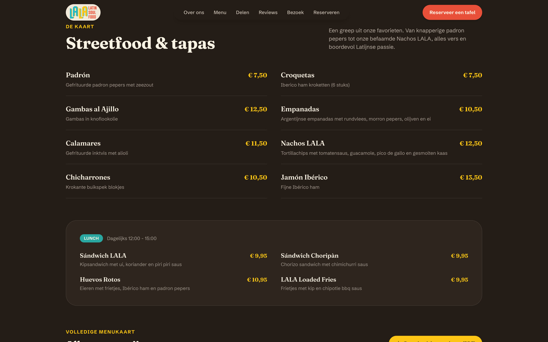 De menusectie van de nieuwe site met tapas in twee kolommen, elk met omschrijving en prijs