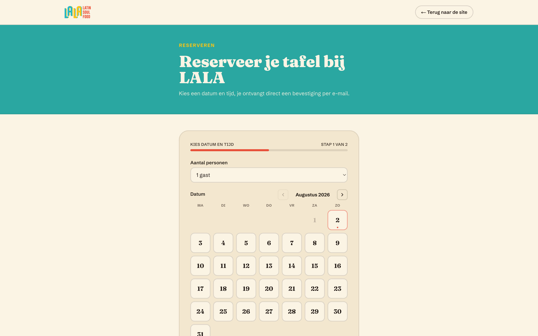 De reserveringspagina met een keuze voor het aantal personen en een maandkalender