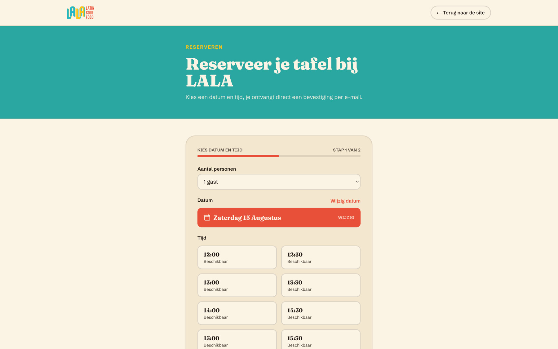 Stap één van de reservering met de gekozen datum en achttien tijdsloten die allemaal als beschikbaar staan gemarkeerd