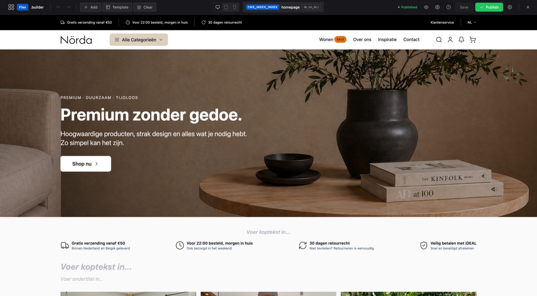 De bouwer met een werkbalk bovenaan over de winkel heen, en de winkelpagina eronder