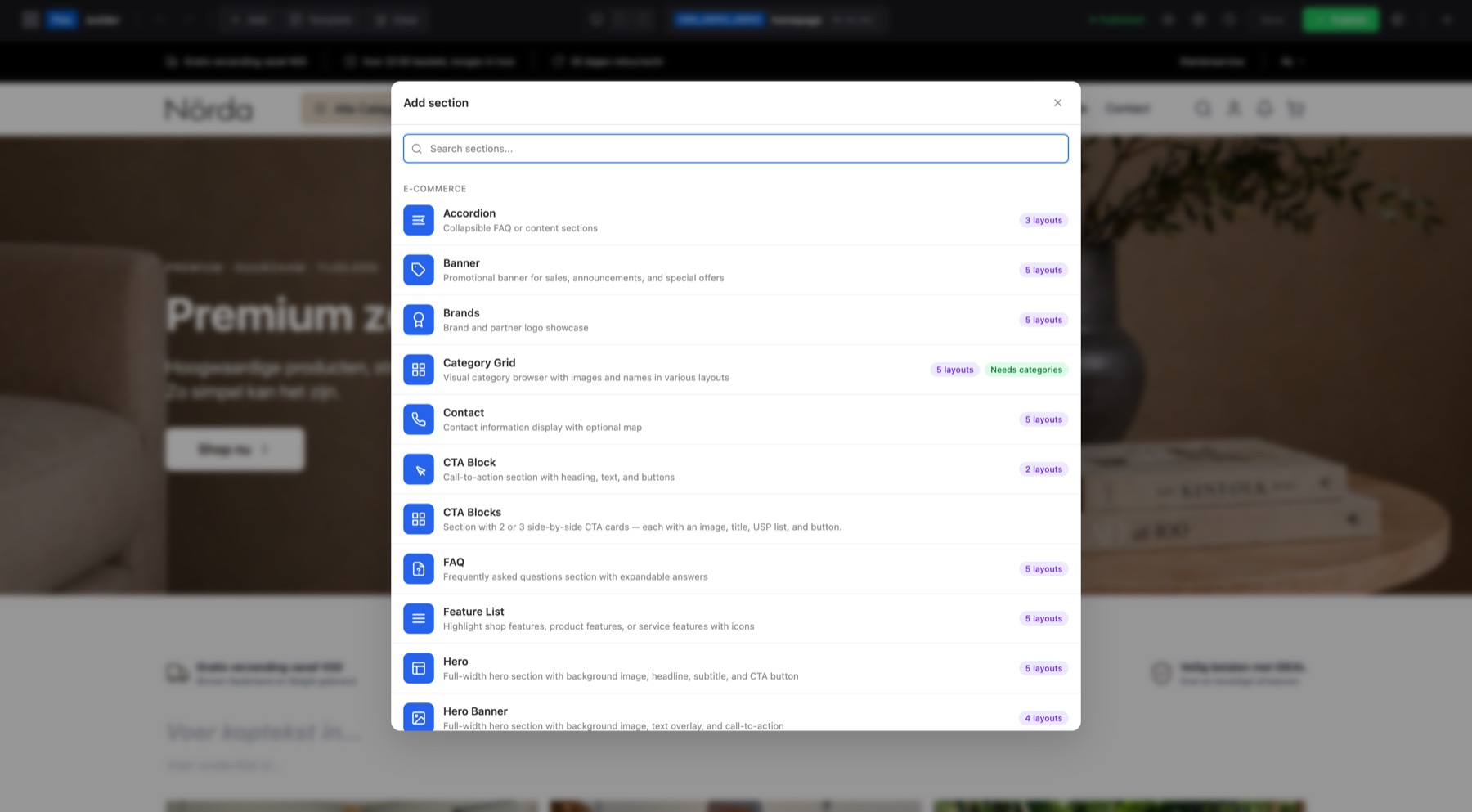 Het scherm om een sectie toe te voegen, met widgets onder elkaar en per widget een label met het aantal vormen