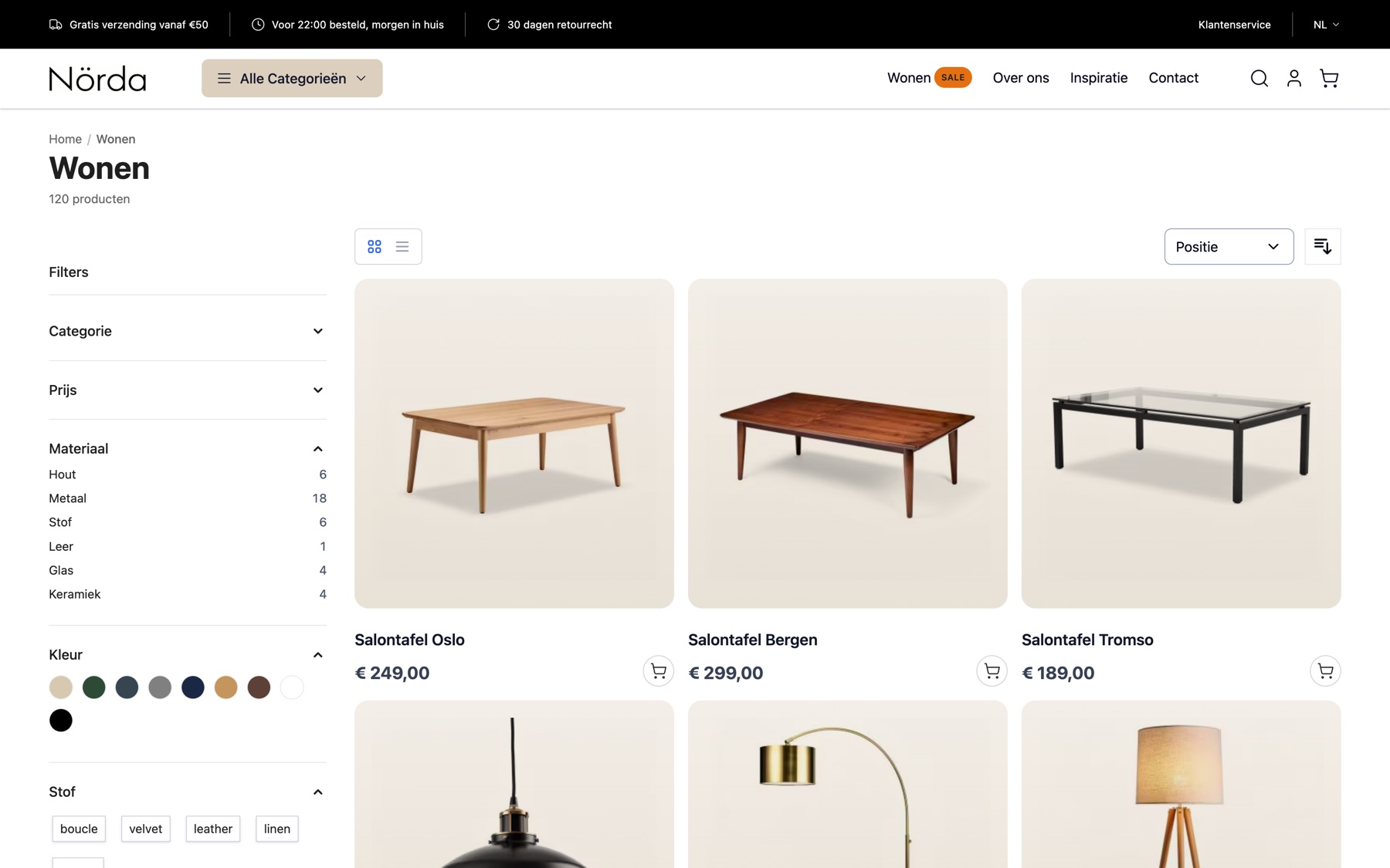 Een categoriepagina met filters links en een productraster rechts