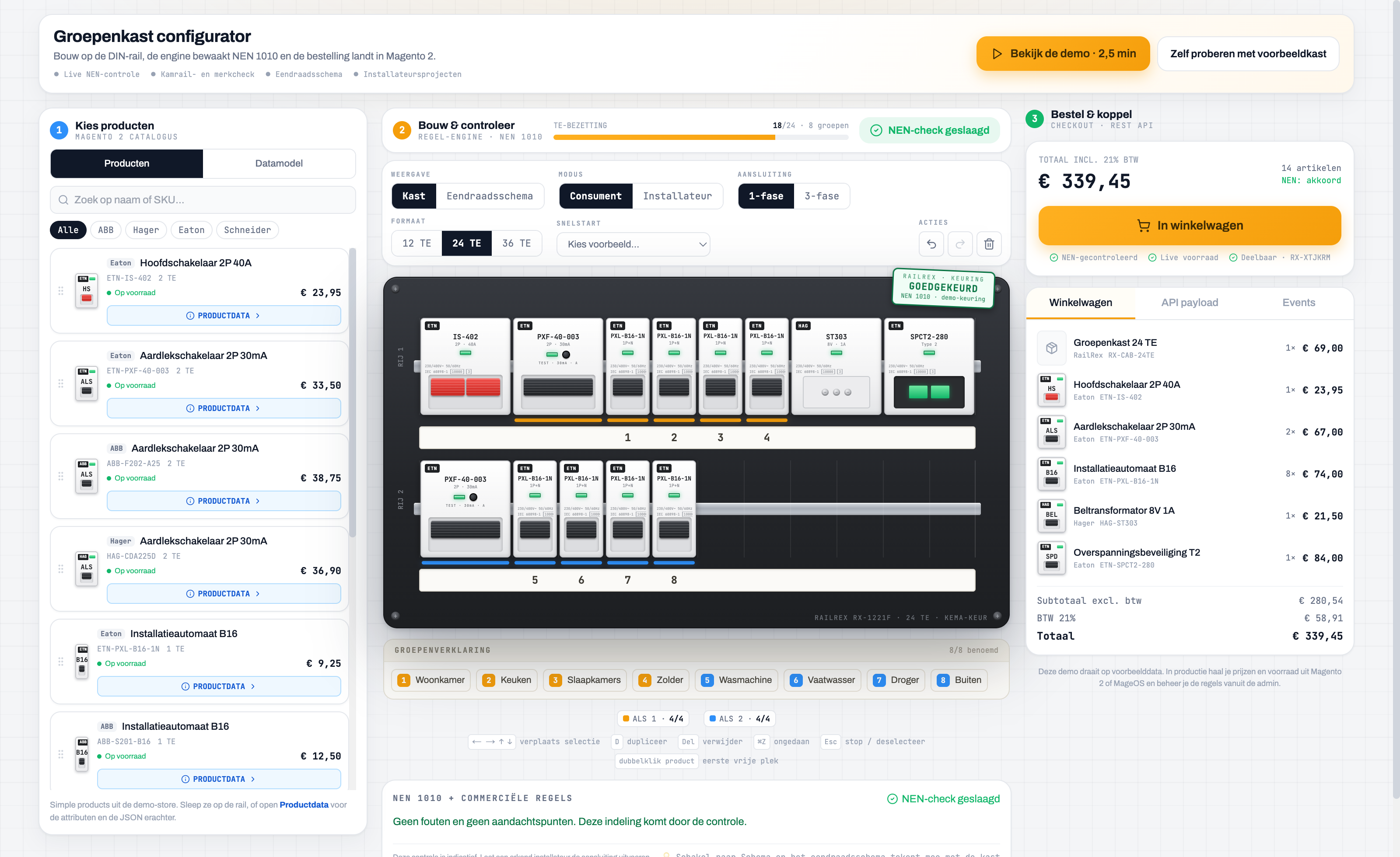 De RailRex-configurator: links de Magento-catalogus, in het midden de kast op de DIN-rail met de NEN-controle, rechts de winkelwagen en de API-payload