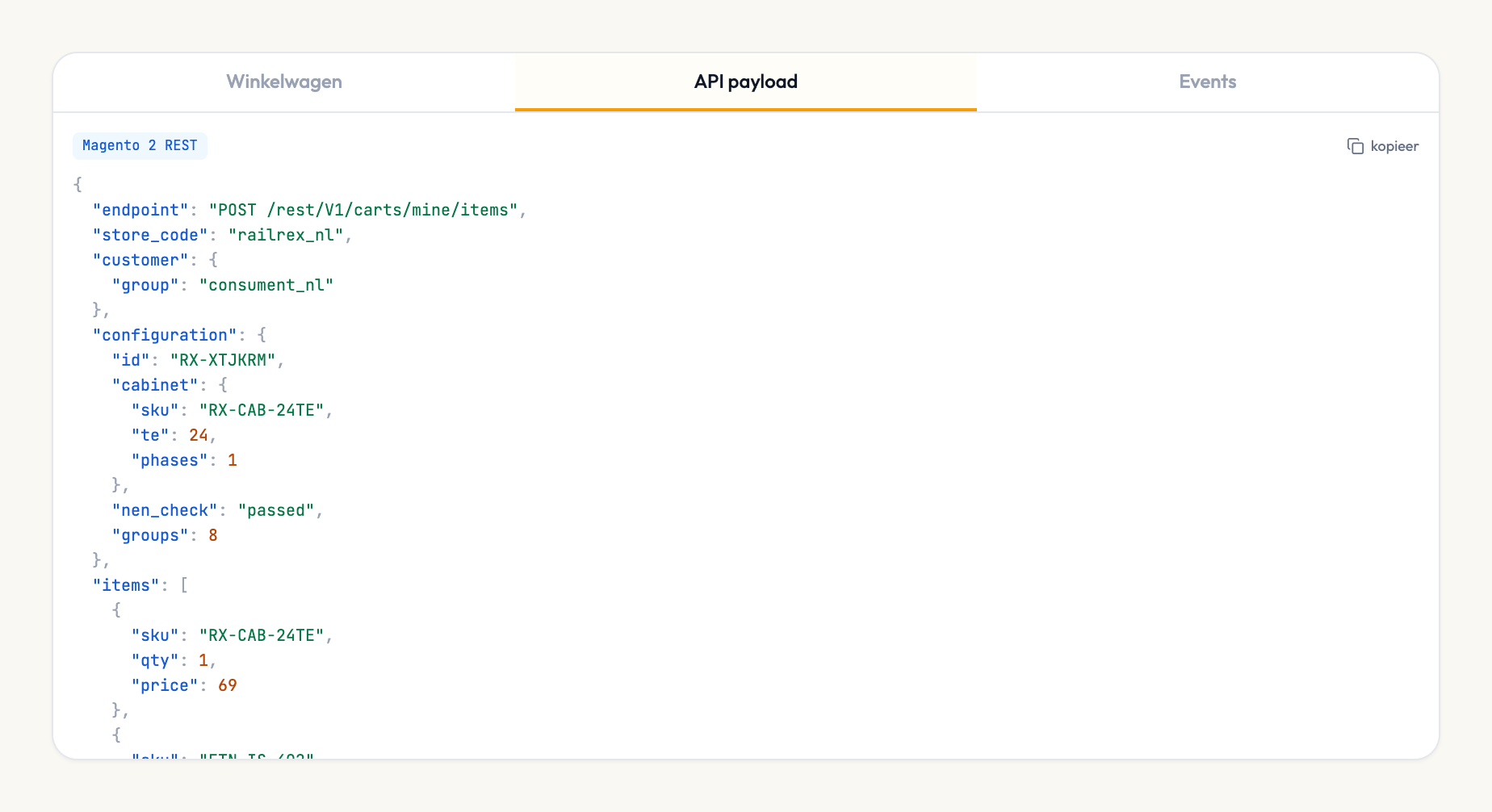 De API-payload met endpoint POST /rest/V1/carts/mine/items, het configuratie-ID, de kaststatus en de regels met SKU, aantal en prijs