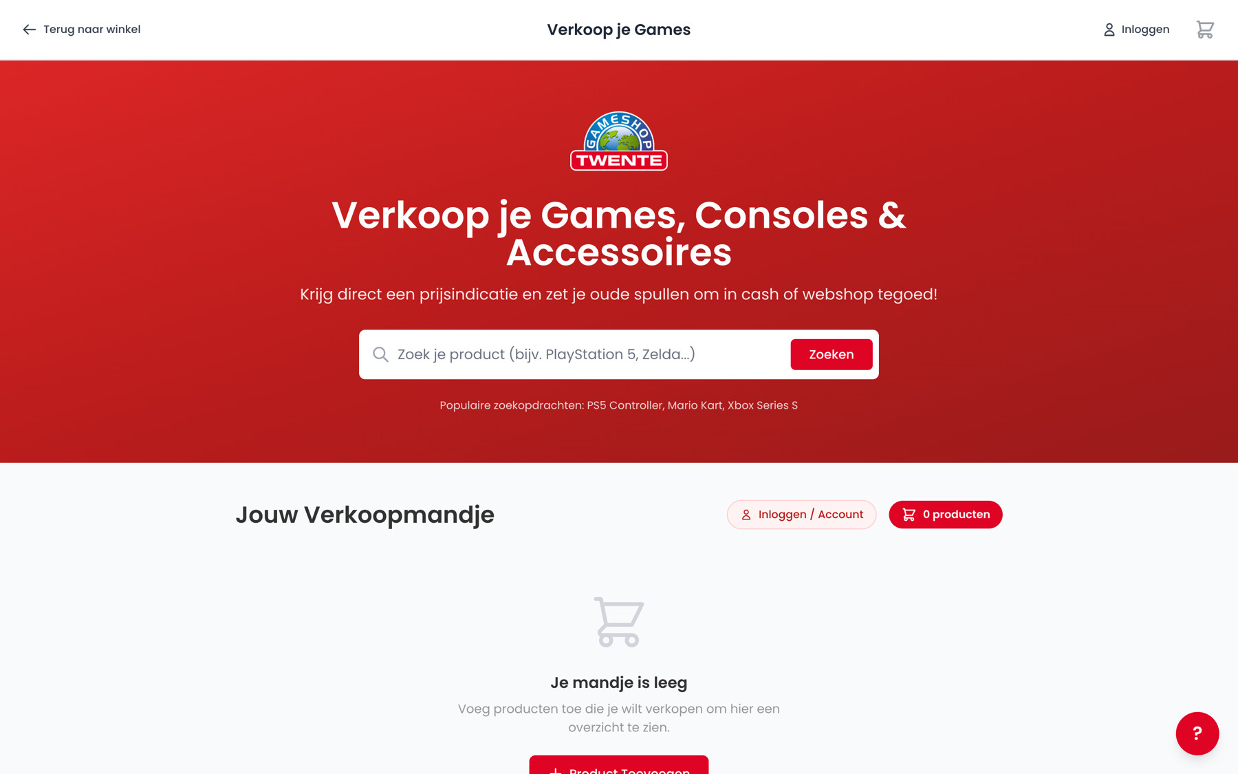 De inruilpagina van Gameshop Twente met een zoekveld, een leeg verkoopmandje en een uitleg in drie stappen