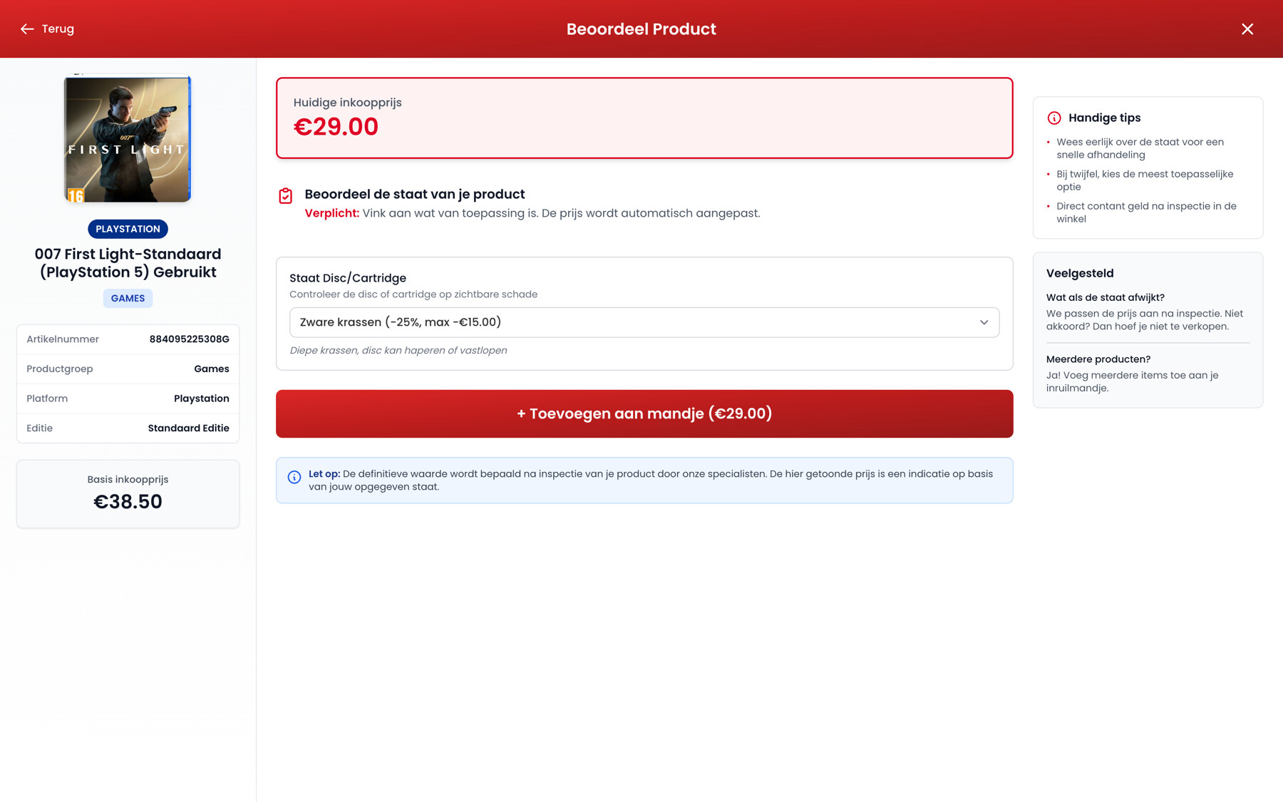 Productscherm met de basisinkoopprijs van €38,50 links en de aangepaste prijs van €29,00 bovenaan, met de gekozen staat ertussen