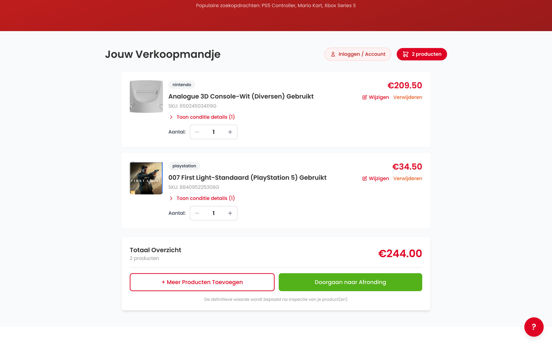 Het verkoopmandje met een console van €209,50 en een game van €34,50, samen €244,00