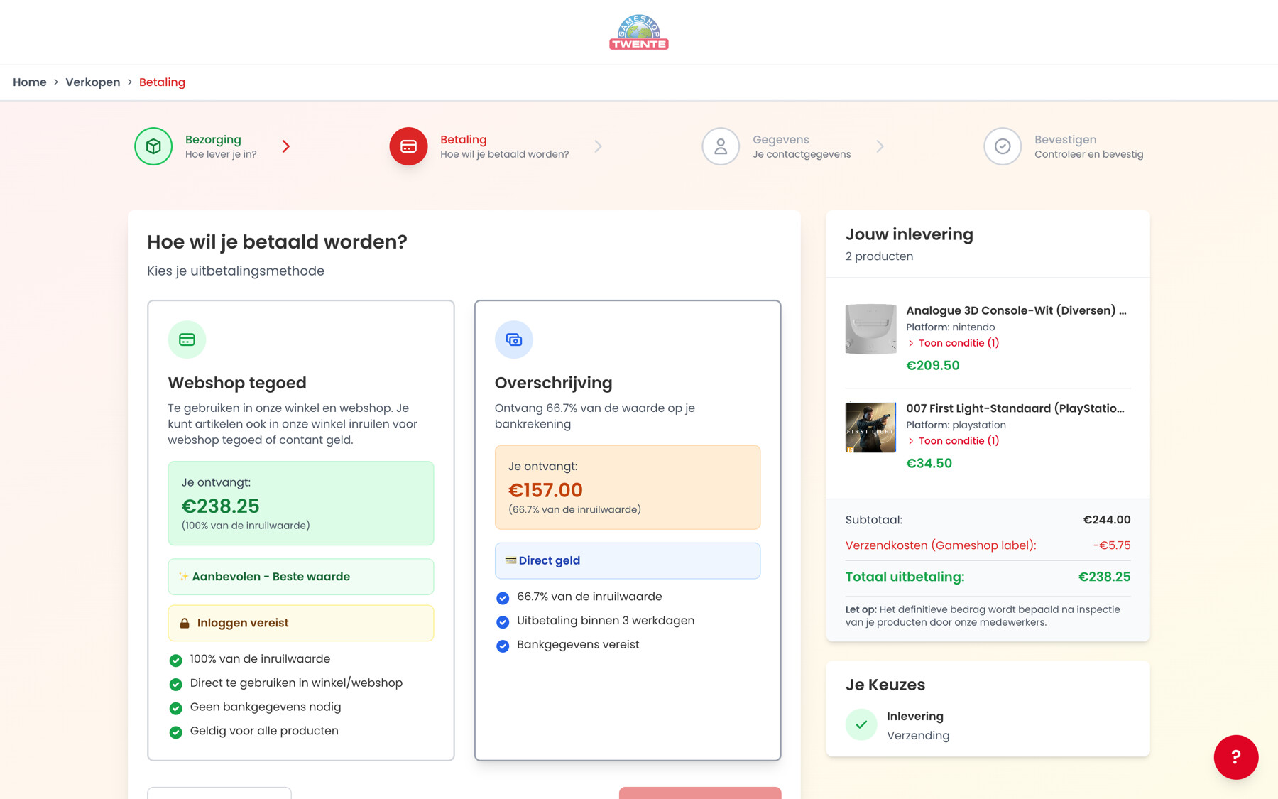 Stap twee van de checkout met webshoptegoed op €238,25 naast overschrijving op €157,00, en rechts de opbouw van het totaal
